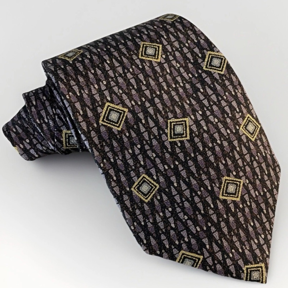 GUY LAROCHE Silk Tie MADE IN CANADA Purple & Gold Geometric Pattern Designer